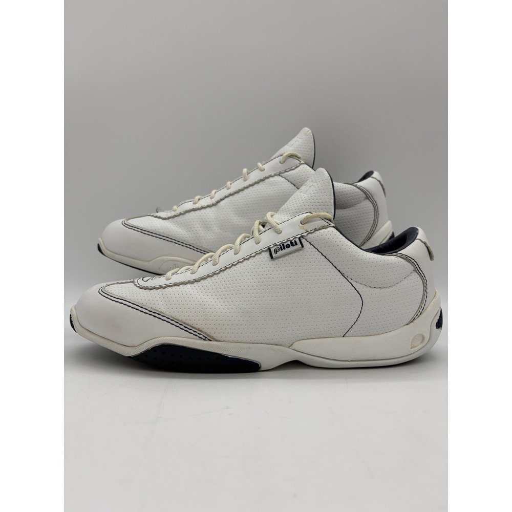 Piloti Mens 9 Scuderia Driving Shoes White/Navy Leather Lace-Up Low Top EUC